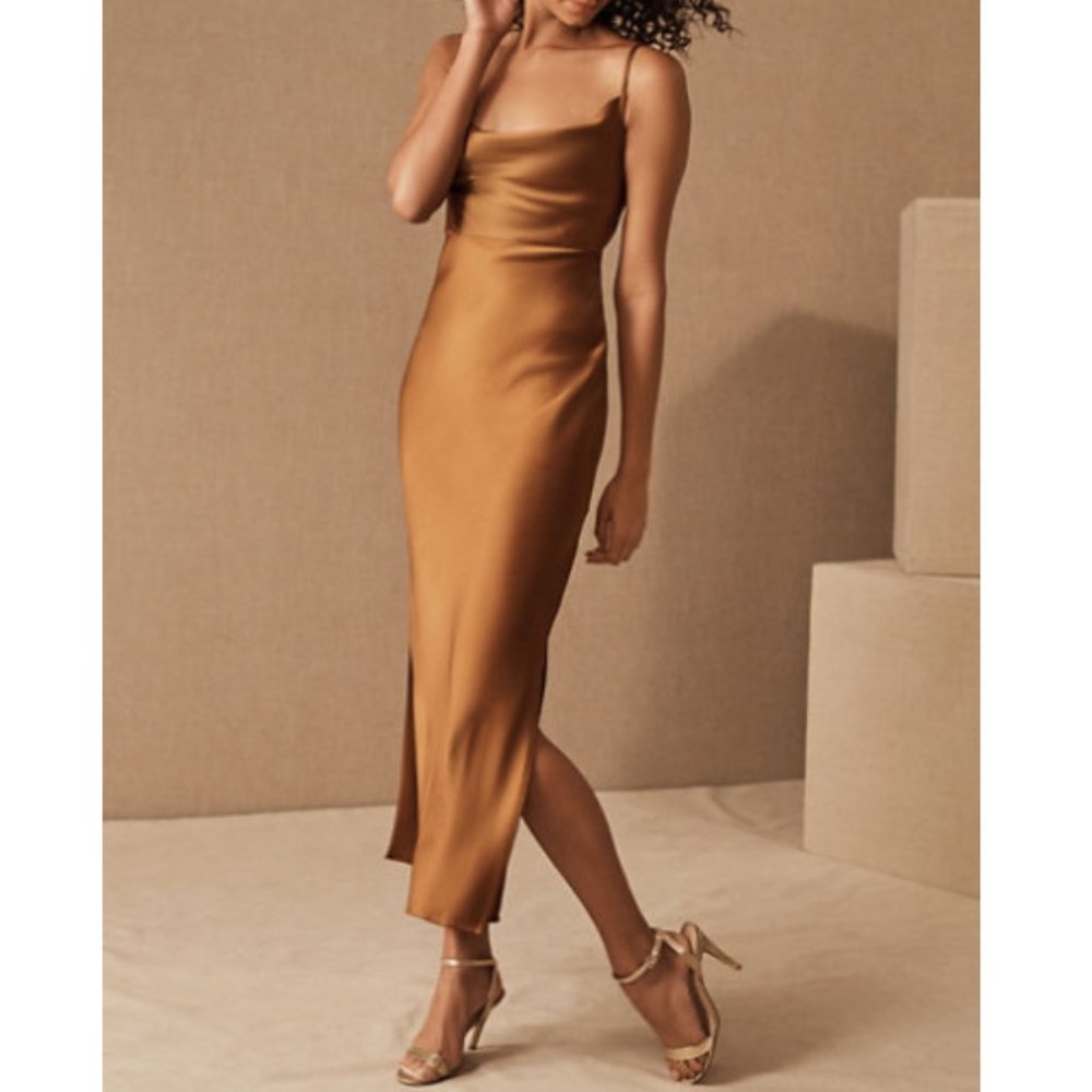 BHLDN Cali Satin Charmeuse Midi Dress - Rust, Size 4